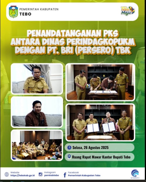 Wakil Bupati Tebo Pimpin Penandatanganan PKS Antara Dinas Perindagkop UKM dengan PT BRI (Persero) Tbk