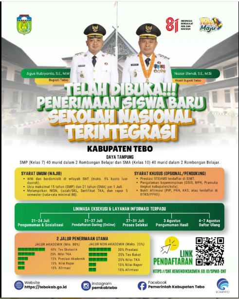 PENERIMAAN SISWA BARU SEKOLAH NASIONAL TERINTEGRASI (SNT) KABUPATEN TEBO RESMI DIBUKA!